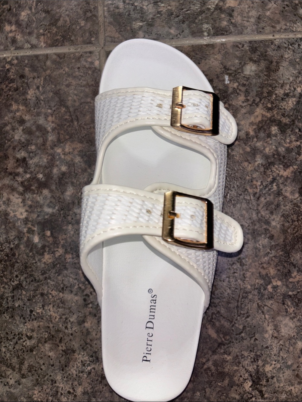 Pierre Dumas White Slide Sandals with Gold Buckles